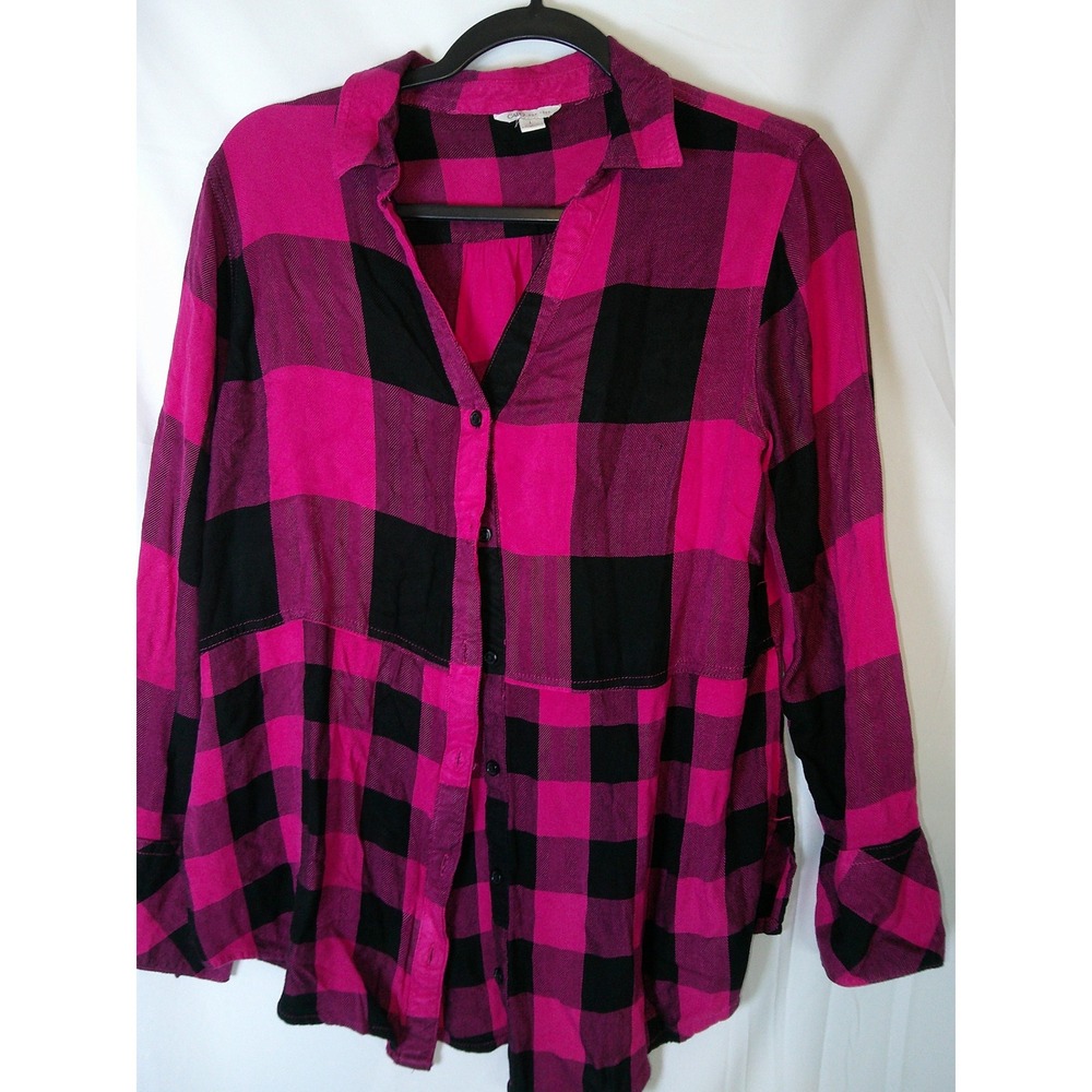 Cato Womens Pink Black Buffalo Plaid Button Down Shirt Long Sleeve L Tiered Hem